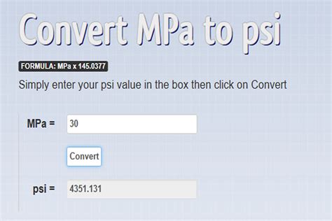 Conversion mpa to psig - Quick conversion chart of MPa to psi. 1 MPa to psi = 145.03774 psi. 2 MPa to psi = 290.07548 psi. 3 MPa to psi = 435.11321 psi. 4 MPa to psi = 580.15095 psi. 5 MPa to psi …